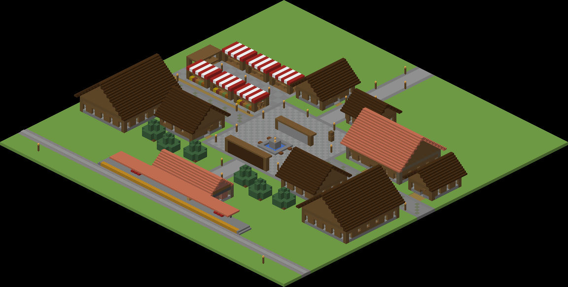 Maquette isométrique du village d'accueil : place centrale, marché aux toits rayés, maisons et gare